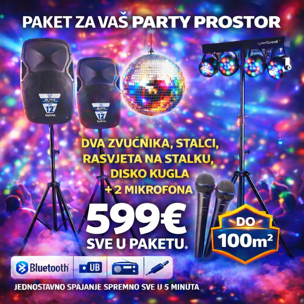PARTY PAKET - 1600W ZVUČNICI + STALCI (BLUETOOTH, USB, SD, AUX, RADIO) + RASVJETA + STALAK + DISKO KUGLA + MIKROFONI