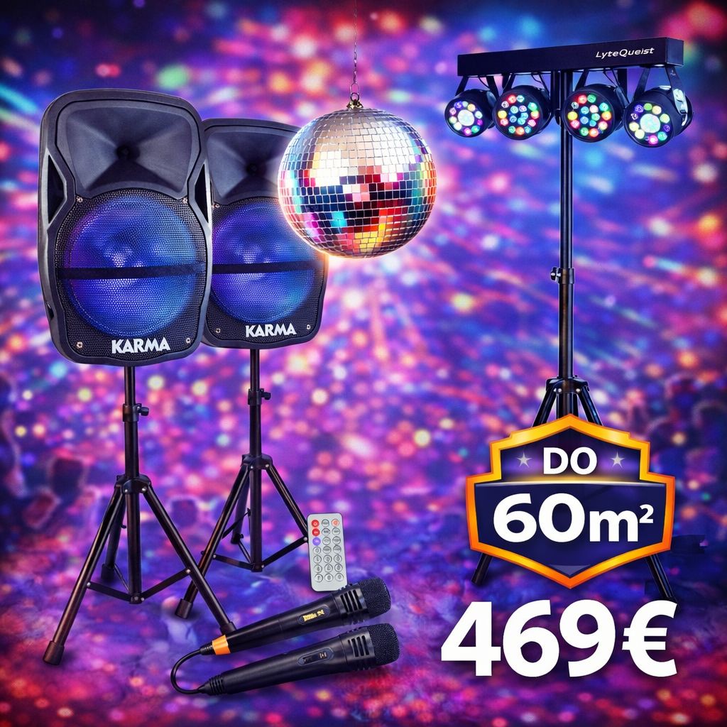 PARTY PAKET - 1200W ZVUČNICI + STALCI (BLUETOOTH, USB, SD, AUX, RADIO) + RASVJETA + STALAK + DISKO KUGLA + MIKROFONI