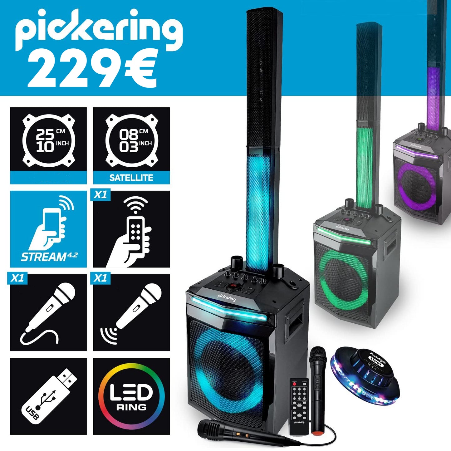 PICKERING - 400W AKTIVAN ZVUČNIK - BLUETOOTH/USB/AUX + 2 MIKROFONA