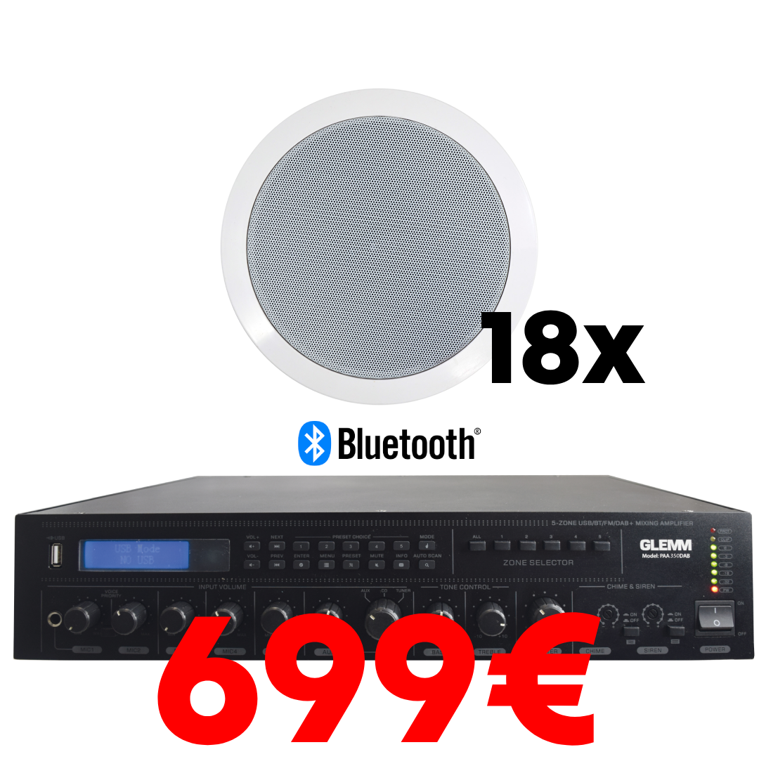 GLEMM - SET OD 18 x 20W UGRADBENIH ZVUČNIKA + POJAČALO - DAB/RADIO/BLUETOOTH/USB