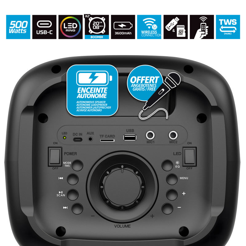 PICKERING - 500W PRIJENOSNI ZVUČNIK - BLUETOOTH/USB/AUX + MIKROFON