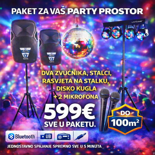 PARTY PAKET - 1600W ZVUČNICI + STALCI (BLUETOOTH, USB, SD, AUX, RADIO) + RASVJETA + STALAK + DISKO KUGLA + MIKROFONI
