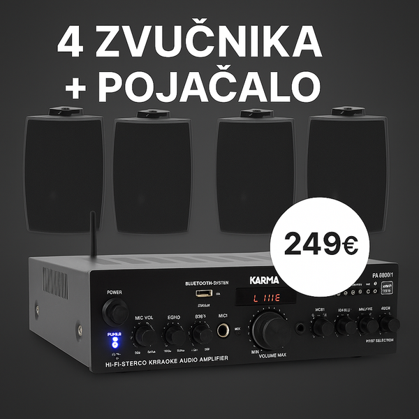 PAKET... 4 ZVUČNIKA + POJAČALO - RADIO/BT/USB/SD/AUX/SD - GLEMM