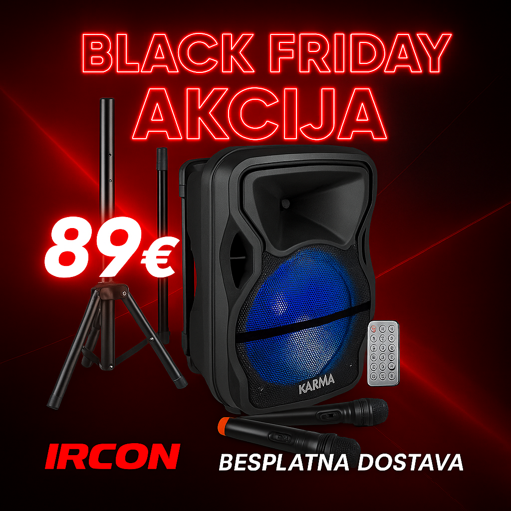 KARMA - PRIJENOSNI ZVUČNIK 12" 600W - BLUETOOTH/USB/SD/AUX + STALAK + 2 MIKROFONA