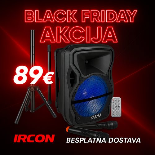 KARMA - PRIJENOSNI ZVUČNIK 12" 600W - BLUETOOTH/USB/SD/AUX + STALAK + 2 MIKROFONA