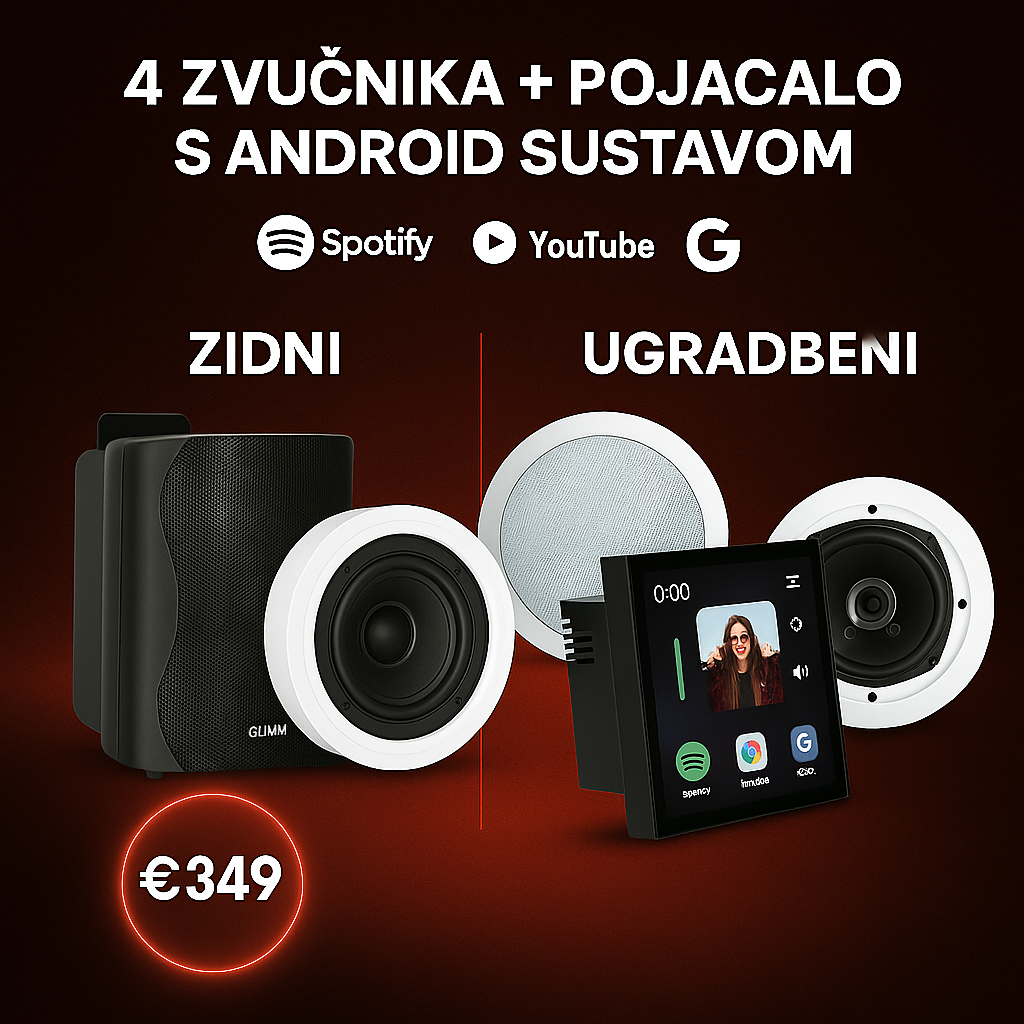 GLEMM - PAKET 4 ZVUČNIKA x 50W + ANDROID SUSTAV (SPOTIFY, YOUTUBE, GOOGLE, BLUETOOTH) - UGRADBENI ILI ZIDNI ZVUČNICI