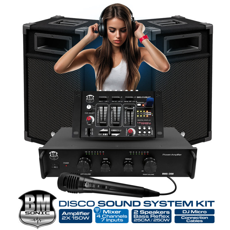 BM SONIC - 300W KOMPLET - DVA ZVUČNIKA, MIKSETA, KABLOVI, POJAČALO I MIKROFON - BLUETOOTH/USB/SD/AUX