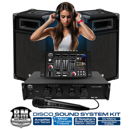 BM SONIC - 300W KOMPLET - DVA ZVUČNIKA, MIKSETA, KABLOVI, POJAČALO I MIKROFON - BLUETOOTH/USB/SD/AUX