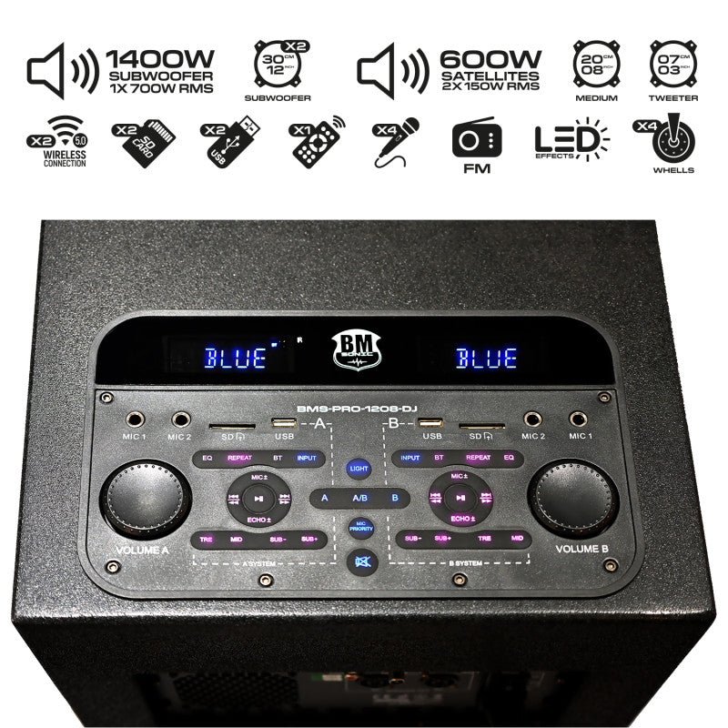 BM SONIC - 2000W DJ KOMPLET (DJ PULT) - RADIO/BLUETOOTH/USB/SD/AUX - DVA ZVUČNIKA, SUBWOOFER, STALCI, KABLOVI